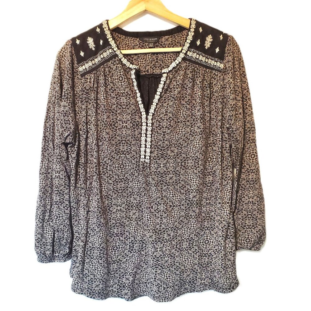 Lucky Brand Women's XL 1X V-Neck Embroidered Bohemian Boho